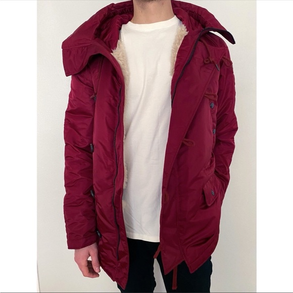 NEW True Religion Parka Fur Sherpa Zip Button Winter Jacket Hooded Coat Maroon - Picture 4 of 12